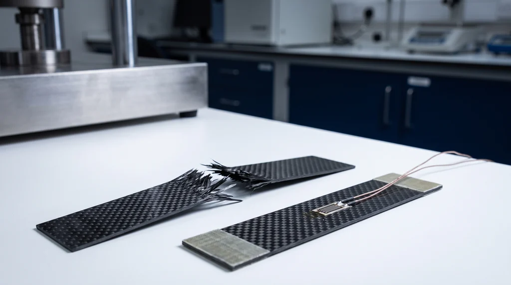 Dois corpos de prova retangulares de compósito de fibra de carbono com tabs nas pontas: um rompido no meio com fibras lascadas e outro intacto com um strain gauge colado no centro