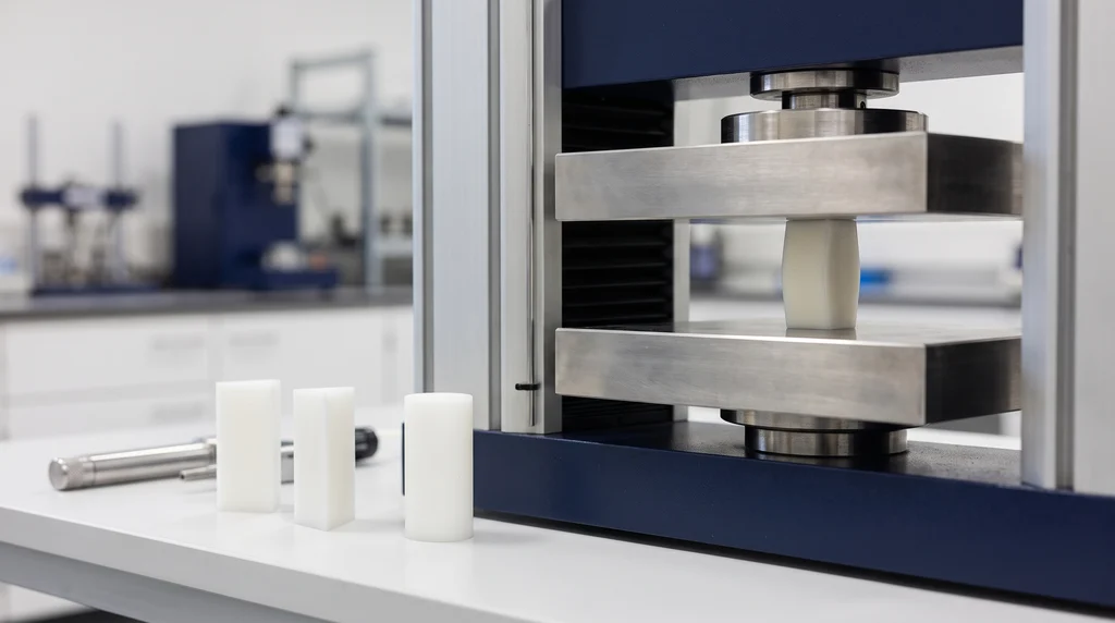 Prisma de plástico branco comprimido entre dois pratos de aço da máquina universal, levemente embarrigado no meio, com prismas e um cilindro do mesmo material na bancada