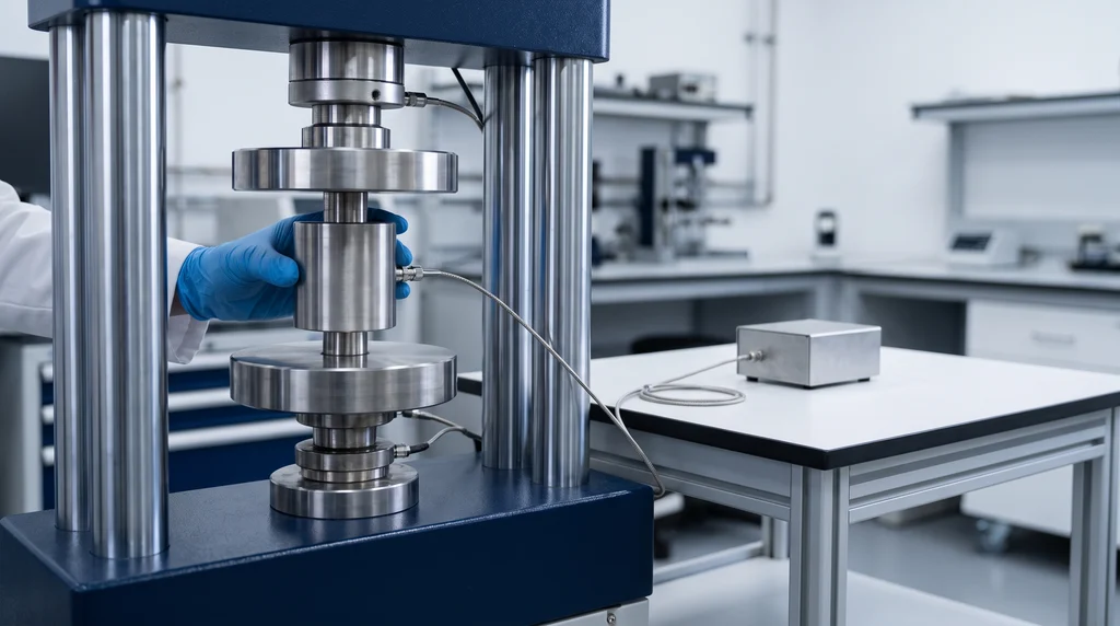 Instrumento de referência de força centralizado entre os pratos de compressão de uma máquina universal de coluna dupla, ligado por cabo a um indicador separado, durante a calibração
