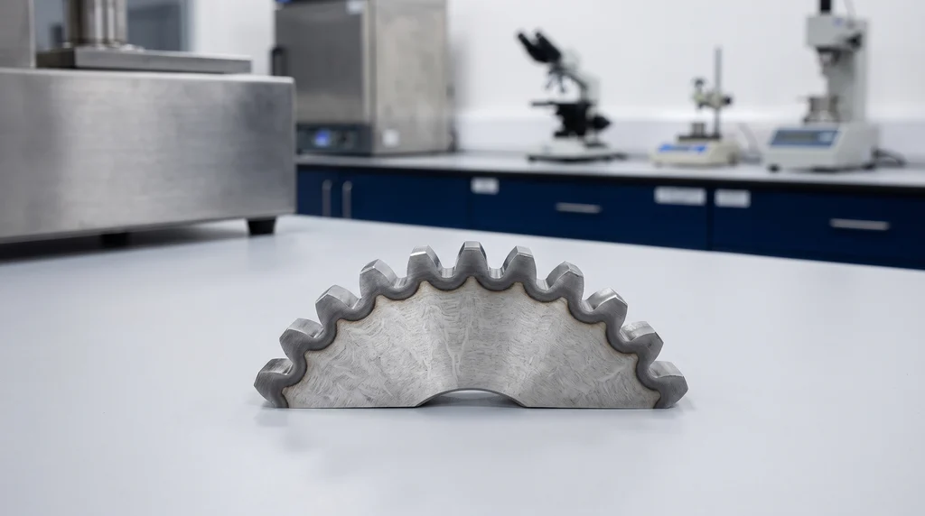 Corte de uma engrenagem de aço polido e atacado, com uma faixa mais escura acompanhando o contorno de cada dente