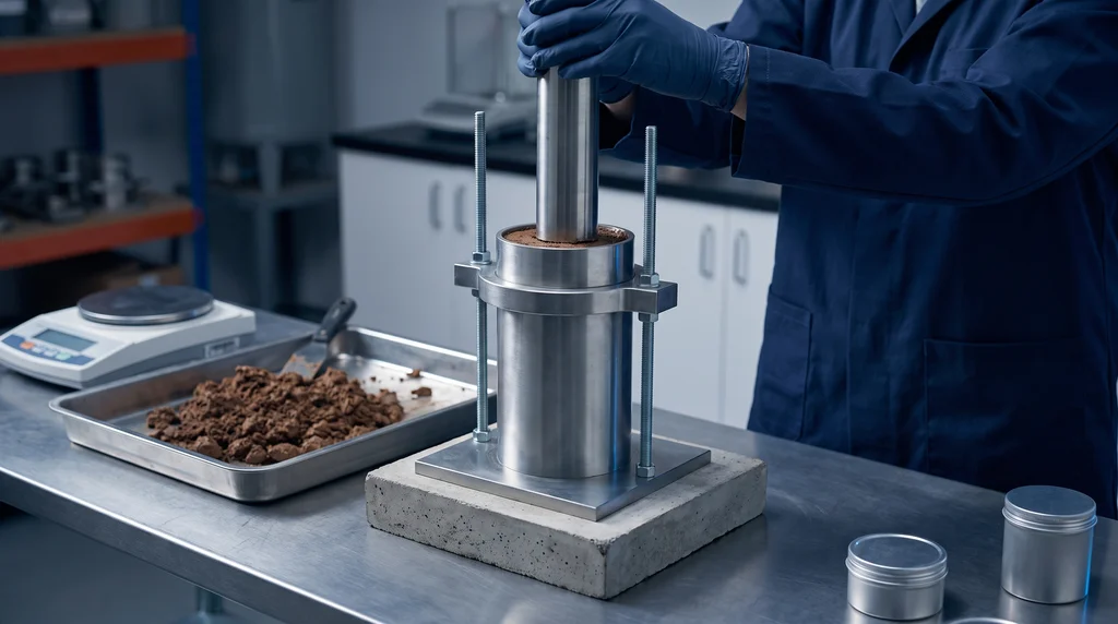Ensaio de compactação Proctor em laboratório: soquete manual compactando o solo úmido no molde cilíndrico de aço com colarinho, apoiado em bloco de concreto