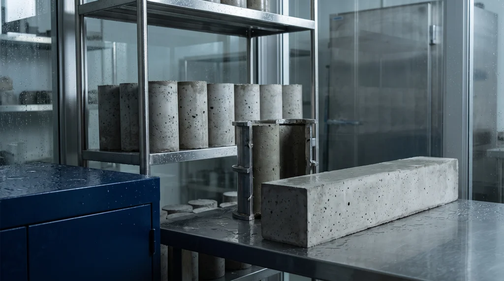 Corpos de prova cilíndricos de concreto curando em prateleiras de aço numa câmara úmida, ao lado de uma forma metálica aberta e de um corpo de prova prismático sobre a bancada molhada