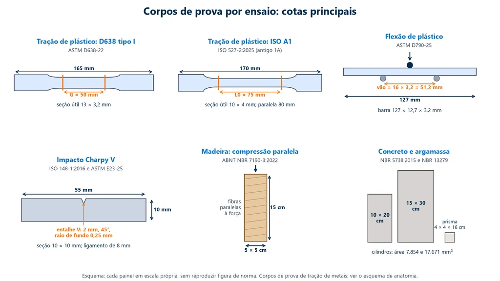 Quadro com seis esquemas de corpos de prova e suas cotas principais: ASTM D638 tipo I de 165 mm com seção útil de 13 × 3,2 mm e G de 50 mm; ISO 527-2 A1 de 170 mm com seção de 10 × 4 mm e L0 de 75 mm; barra da ASTM D790 de 127 × 12,7 × 3,2 mm com vão de 51,2 mm; Charpy de 55 × 10 × 10 mm com entalhe em V de 2 mm, 45° e raio de 0,25 mm; prisma de madeira de 5 × 5 × 15 cm; cilindros de concreto de 10 × 20 e 15 × 30 cm e prisma de argamassa de 4 × 4 × 16 cm