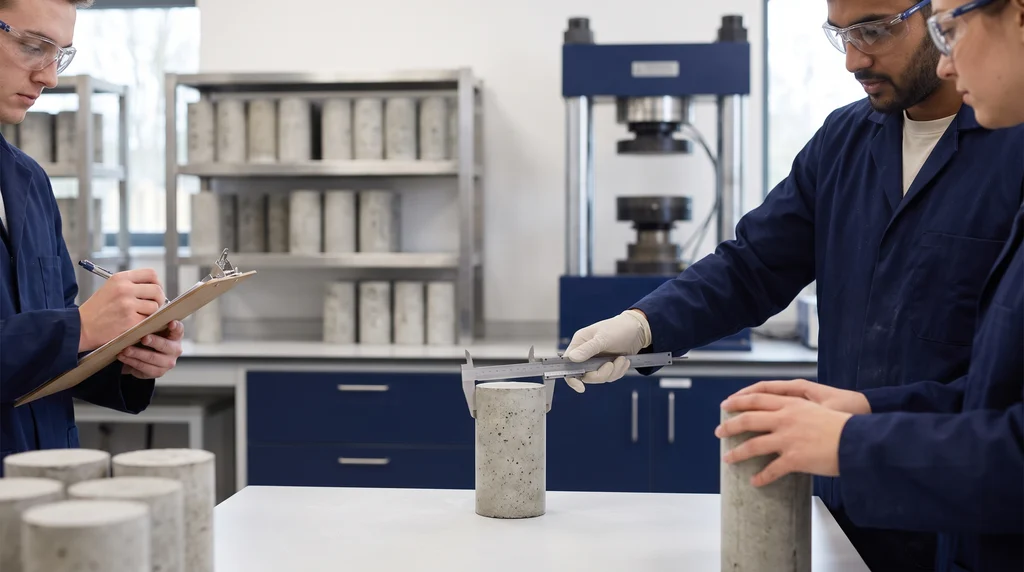 Estudantes de engenharia civil de jaleco medem com paquímetro um corpo de prova cilíndrico de concreto no laboratório, com a prensa de compressão ao fundo