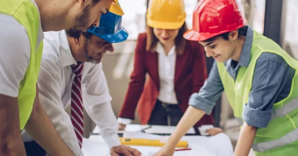 Equipe de engenheiros discute projeto em roda enquanto se apoiam sobre uma mesa