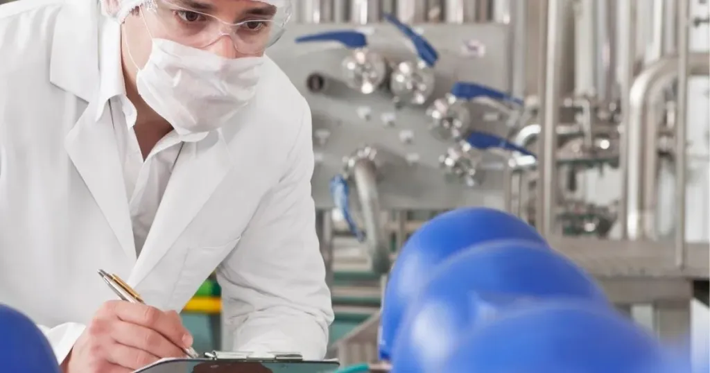 Um homem branco com máscara, jaleco e óculos de proteção segura uma prancheta e uma caneta enquanto avalia um processo de produção.