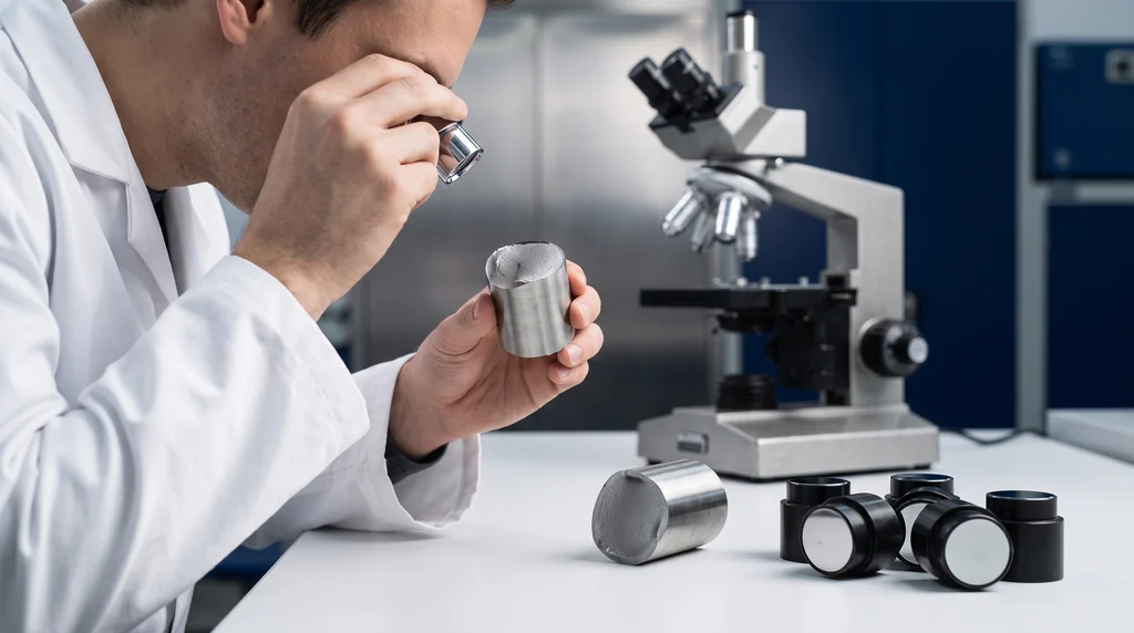 Engenheiro de materiais de jaleco examina com lupa a superfície de fratura de uma barra de aço rompida, com amostras metalográficas e microscópio na bancada