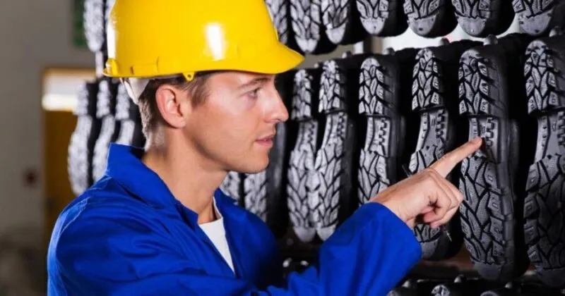 Profissional engenheiro de materiais averigua sola de sapatos dispostos em fileiras