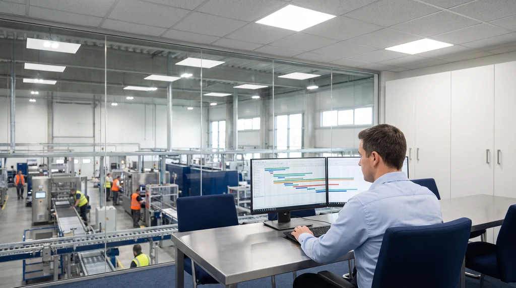 Engenheiro de produção diante de dois monitores com a programação da produção em barras de tempo, com a linha de montagem da fábrica vista pela janela de vidro