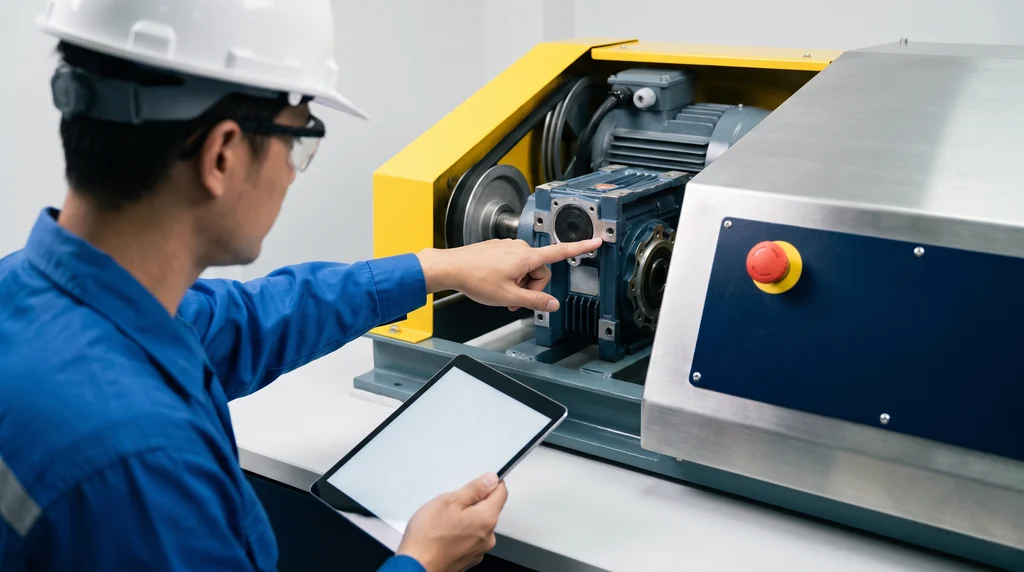 Engenheiro mecânico de capacete e óculos de segurança aponta o redutor de uma máquina com a proteção amarela aberta, mostrando motor, correia e estrutura, com botão de emergência no painel