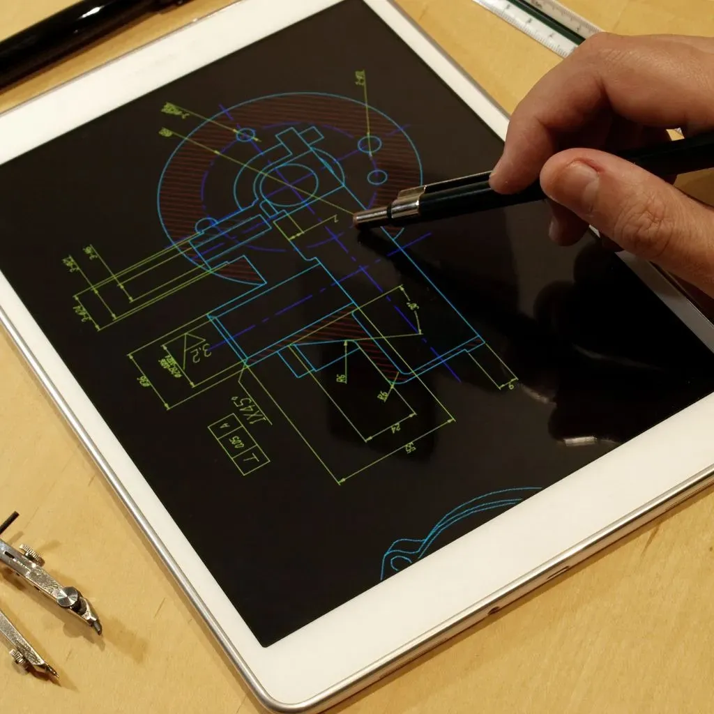 Desenho técnico de uma peça mecânica, com cotas e hachuras, sendo revisado em um tablet com caneta