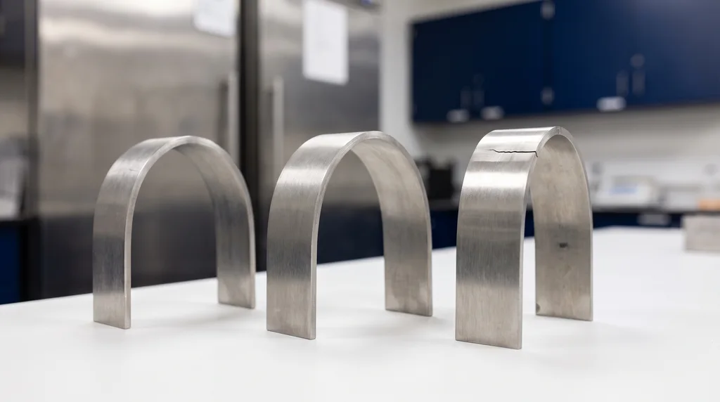 Três corpos de prova de aço dobrados a 180° em forma de arco após o ensaio de dobramento, o da direita com uma trinca aberta no topo da face tracionada