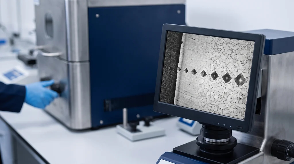 Monitor de um microdurômetro mostrando a micrografia de uma seção de aço com uma fileira de impressões Vickers em forma de losango, menores perto da borda endurecida e maiores no núcleo