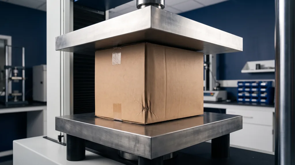 Caixa de papelão ondulado fechada sendo comprimida entre dois pratos de aço de uma máquina de ensaio, com a lateral abaulada e um vinco de flambagem perto do canto