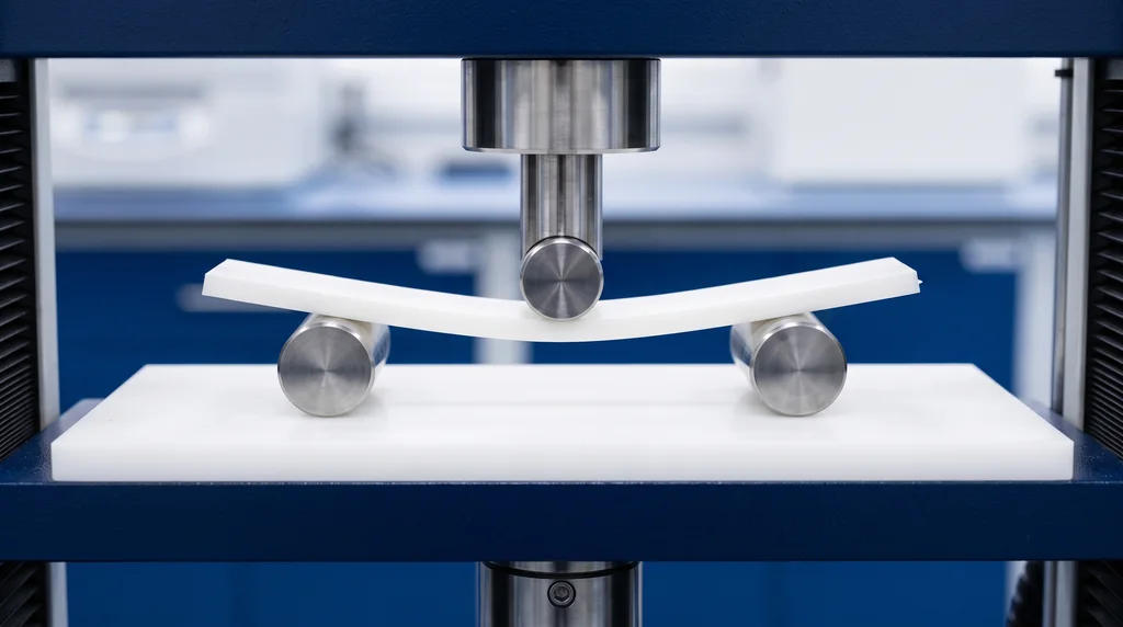 Ensaio de flexão de plásticos pela ISO 178: barra de plástico em ensaio de flexão de 3 pontos, curvada sob o cutelo central entre dois apoios de rolete numa máquina universal de ensaios