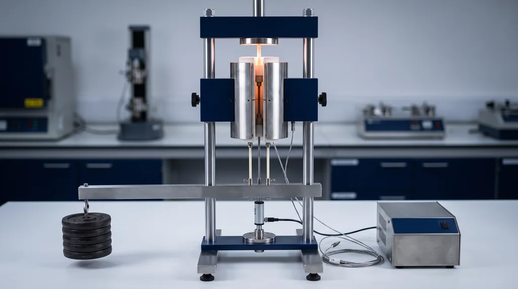 Máquina de ensaio de fluência de peso morto com forno tubular aberto em volta do corpo de prova, hastes de extensômetro e braço de alavanca com pesos