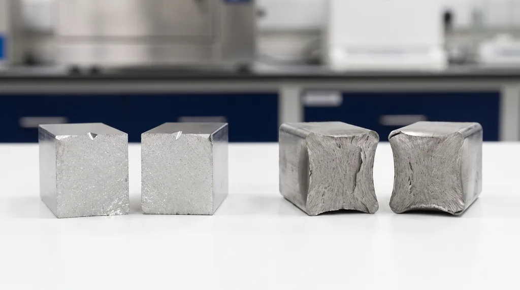 Ensaio de impacto Charpy: dois corpos de prova Charpy de aço rompidos: à esquerda, fratura frágil plana e brilhante com o entalhe em V visível; à direita, fratura dúctil fibrosa e opaca com as bordas deformadas