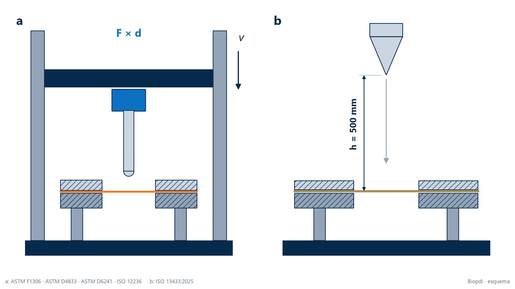 Esquema comparando a perfuração estática, com a sonda presa à célula de carga na travessa de uma máquina universal descendo com velocidade constante sobre o corpo de prova preso no anel, e a perfuração dinâmica, com um cone de aço solto de 500 mm de altura sobre um geossintético preso no anel