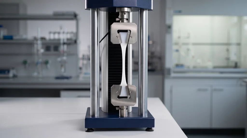 Corpo de prova de plástico em formato de gravata preso entre garras de uma máquina universal de ensaios de coluna única
