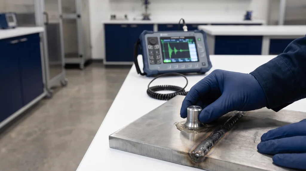 Técnico com luva apoiando um cabeçote de ultrassom com gel acoplante sobre uma chapa de aço ao lado do cordão de solda, com o aparelho de ultrassom ao fundo mostrando os ecos
