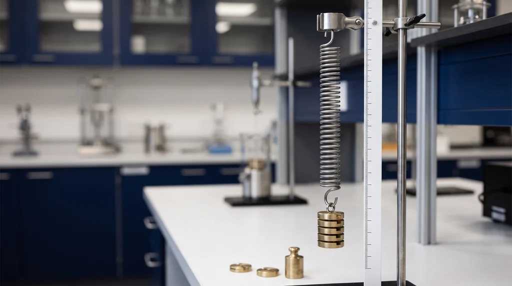 Experimento da Lei de Hooke: mola pendurada em suporte de laboratório com massas aferidas e escala para medir o alongamento