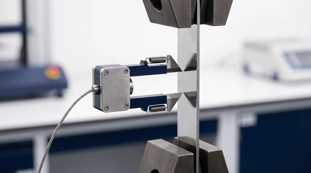 Extensômetro clip-on com duas facas presas a um corpo de prova plano de metal durante o ensaio de tração
