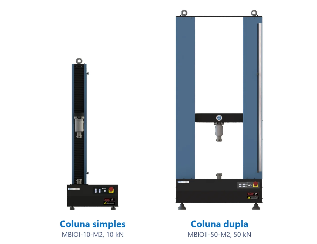 Máquinas universais de ensaios M2 da Biopdi de coluna simples (MBIOI-10-M2, 10 kN) e coluna dupla (MBIOII-50-M2, 50 kN)
