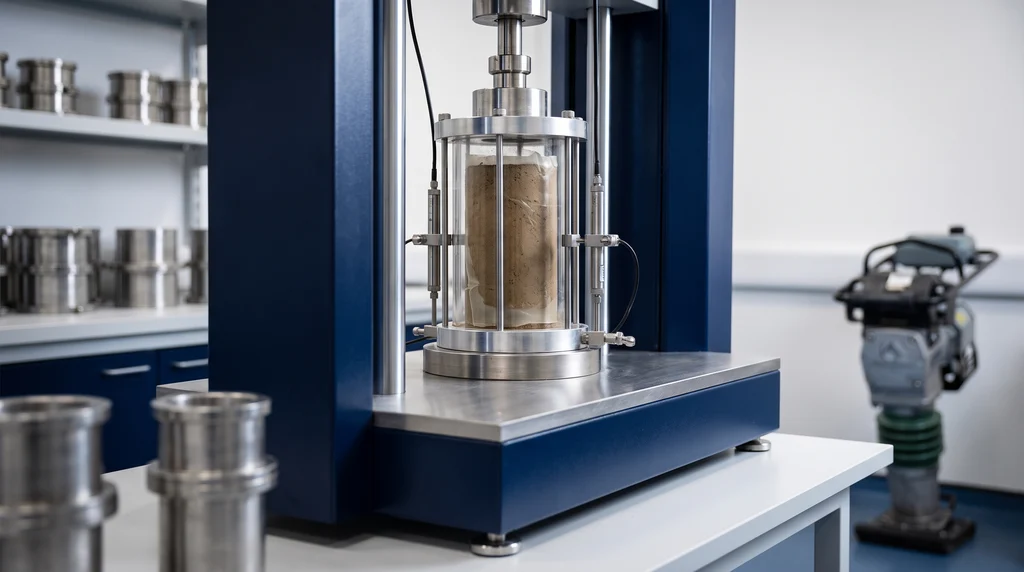 Corpo de prova cilíndrico de solo compactado envolto em membrana de látex dentro de uma célula triaxial de acrílico, com dois transdutores de deslocamento presos ao corpo de prova e o pistão de carga no topo