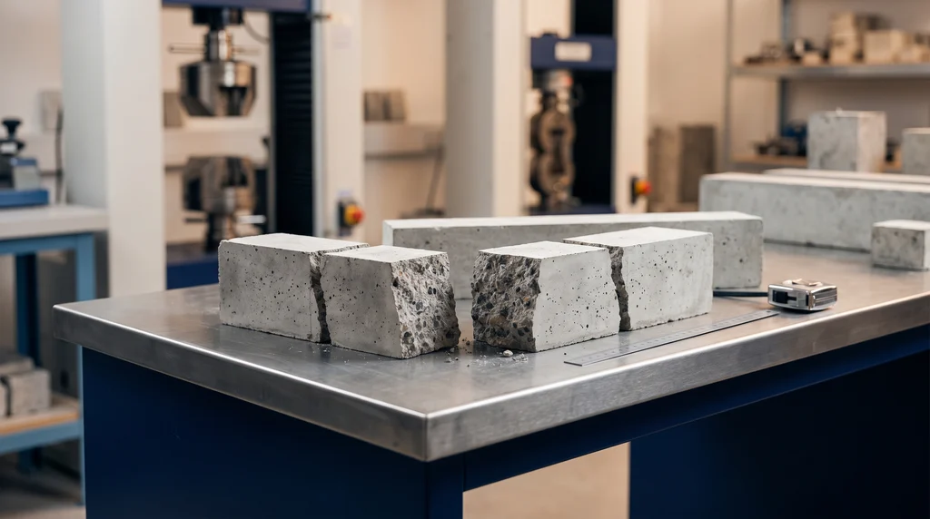 Prismas de concreto rompidos no ensaio de tração na flexão, com a superfície de ruptura e o agregado graúdo expostos, ao lado de um prisma inteiro e de uma régua na bancada do laboratório