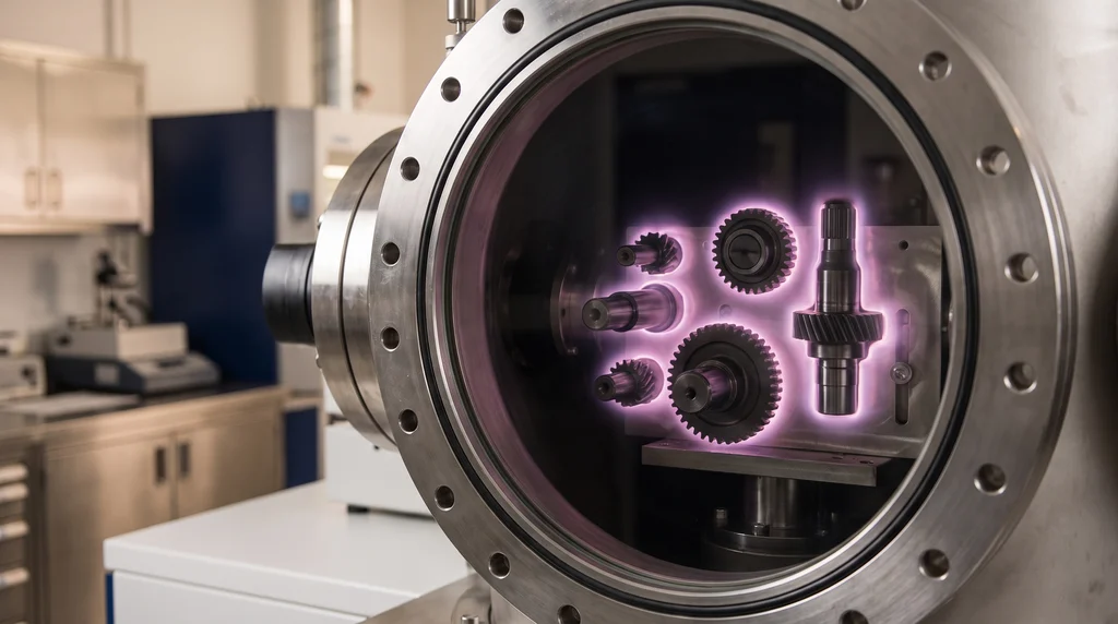 Engrenagens e eixos dentro de uma câmara de nitretação a plasma, cada peça envolvida por um brilho violeta