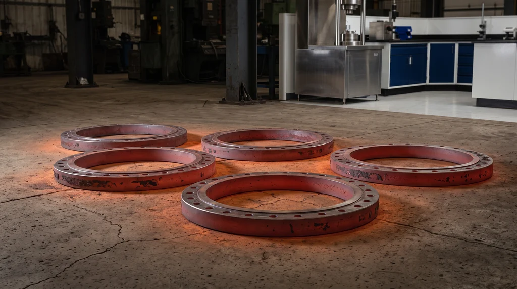 Flanges de aço forjados, ainda incandescentes, esfriando sobre o piso de concreto de uma forjaria