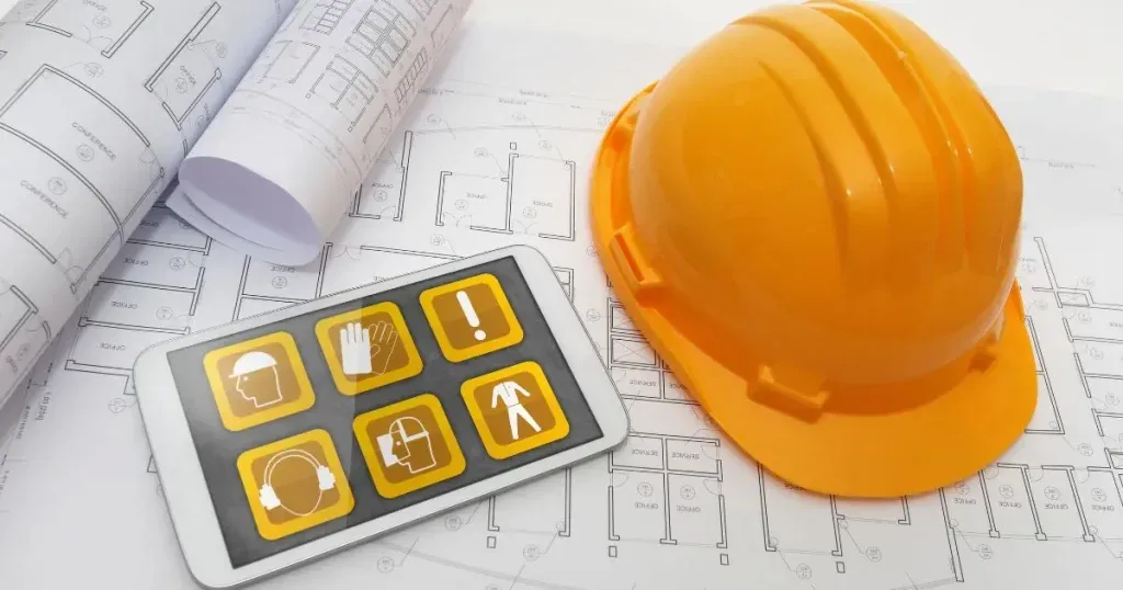 Capacete de segurança e tablet com símbolos de segurança