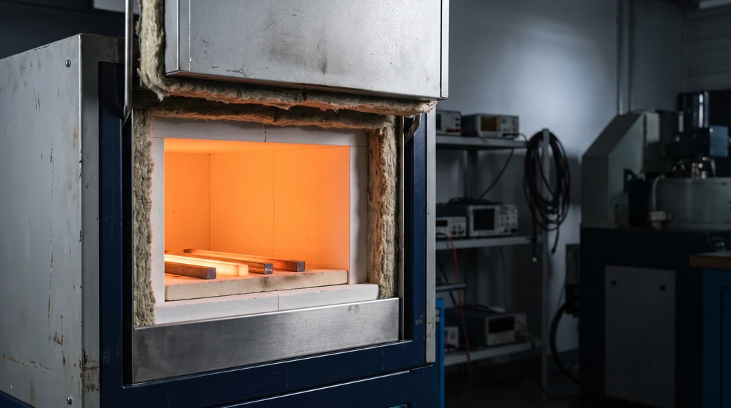 Forno elétrico industrial com a porta aberta, a câmara incandescente e barras de aço aquecidas sobre a soleira
