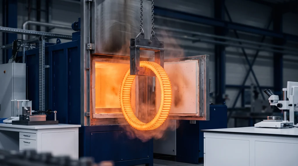Coroa de aço em brasa, pendurada num dispositivo de içamento, sendo retirada de um forno industrial
