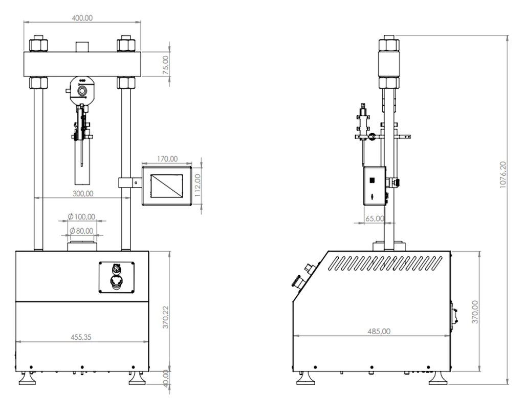 Desenho de dimensões da prensa de adensamento Biopdi PCM-5k: 455 mm de largura, 485 mm de profundidade, 1.076 mm de altura e 300 mm entre colunas