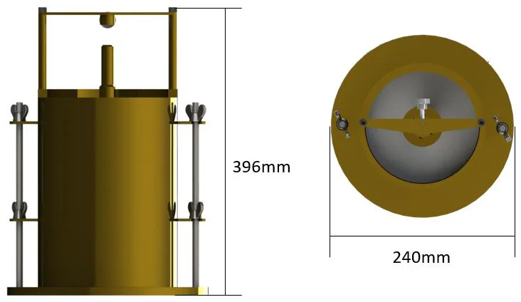 Dimensões do dispositivo CBR Biopdi: 396 mm de altura e 240 mm de diâmetro