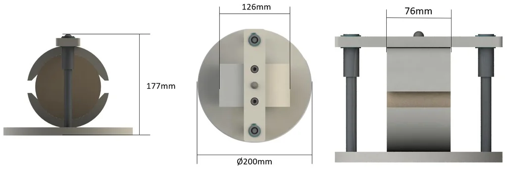 Dimensões do dispositivo Marshall Biopdi: 177 mm de altura, base de 200 mm de diâmetro, 126 mm e 76 mm de largura