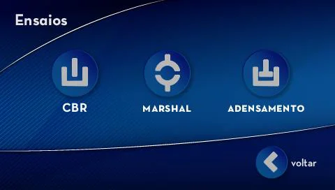 Tela touchscreen da prensa CBR / Marshall Biopdi para escolher o ensaio: CBR, Marshall ou adensamento