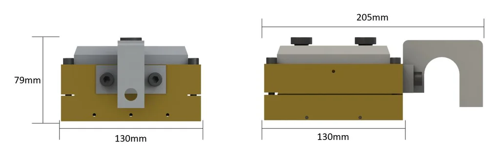 Dimensões da caixa de cisalhamento direto Biopdi de 100 mm: 130 mm de largura, 79 mm de altura e 205 mm de comprimento com o encosto de carga