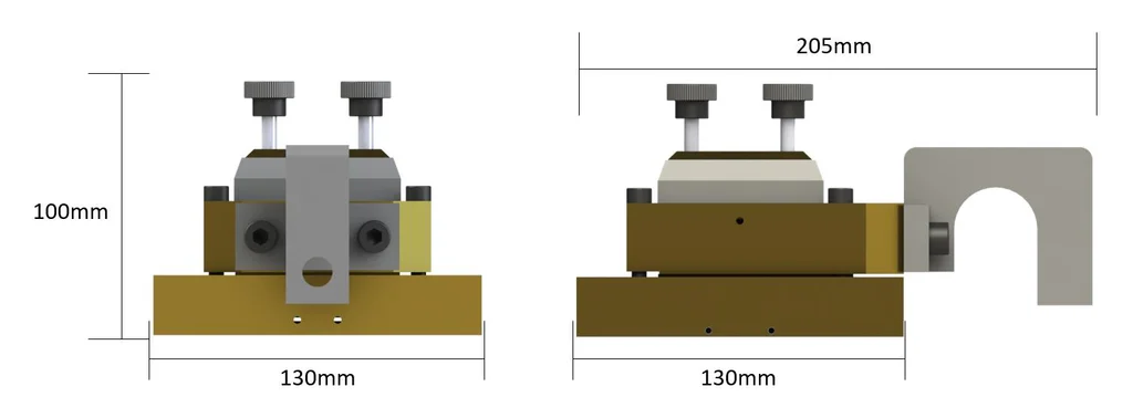 Dimensões da caixa de cisalhamento direto Biopdi de 60 mm: base de 130 mm, altura de 100 mm com os manípulos e 205 mm de comprimento com o encosto de carga