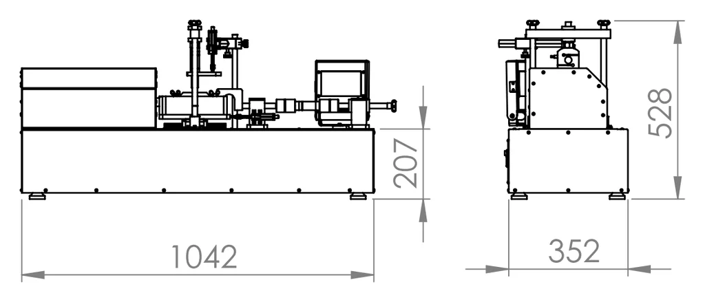 Desenho de dimensões da prensa de cisalhamento direto elétrica automática Biopdi: 1.042 mm de largura, 352 mm de profundidade, 528 mm de altura total e 207 mm de altura da base