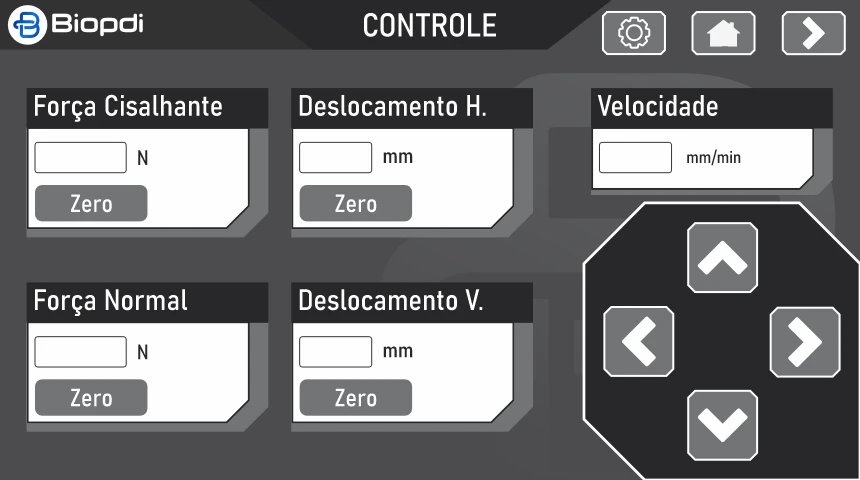 Tela 1 de 8, Controle: força cisalhante e força normal em N, deslocamentos horizontal e vertical em mm, cada um com botão de zero, velocidade em mm/min e setas para mover os eixos
