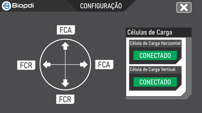 Tela 2 de 8, Configuração: fins de curso avançado e recuado (FCA e FCR) dos dois eixos e estado das células de carga horizontal e vertical, indicadas como conectadas