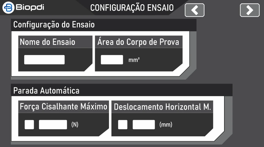 Tela 3 de 8, Configuração do ensaio: nome do ensaio, área do corpo de prova em mm² e parada automática por força cisalhante máxima em N ou por deslocamento horizontal máximo em mm
