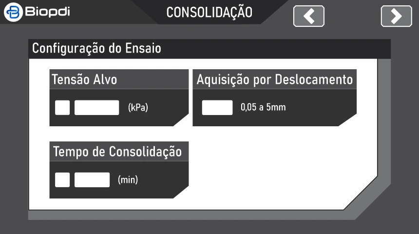 Tela 4 de 8, Consolidação: tensão alvo em kPa, tempo de consolidação em minutos e aquisição por deslocamento de 0,05 a 5 mm