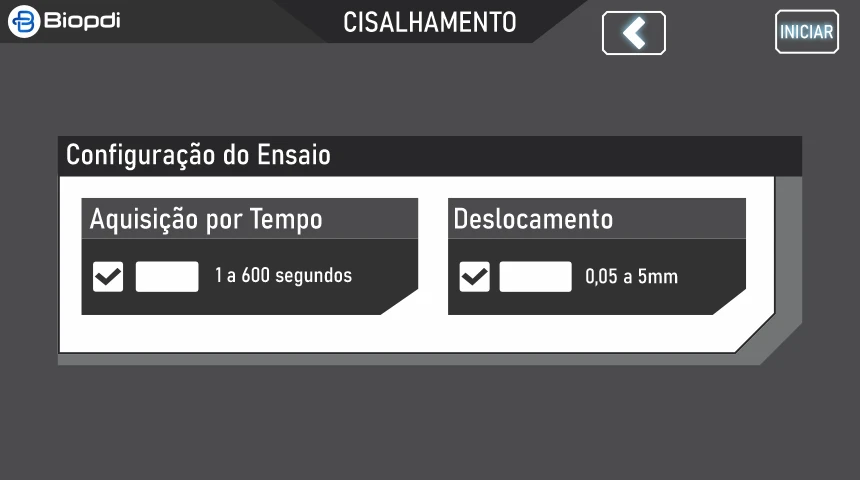 Tela 5 de 8, aquisição do cisalhamento: por tempo, de 1 a 600 segundos, e por deslocamento, de 0,05 a 5 mm, e botão Iniciar