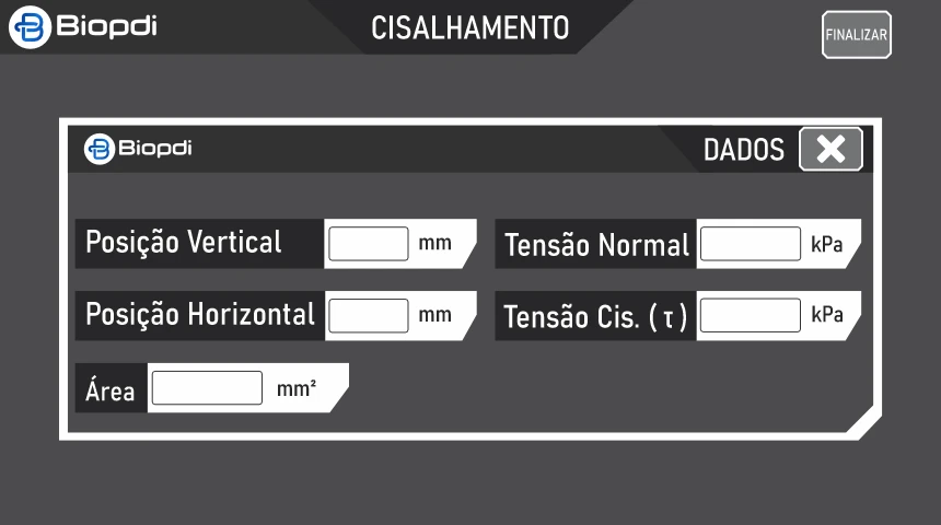 Tela 8 de 8, Dados do ensaio: posição vertical e horizontal em mm, tensão normal e tensão cisalhante τ em kPa e área corrigida do corpo de prova em mm²
