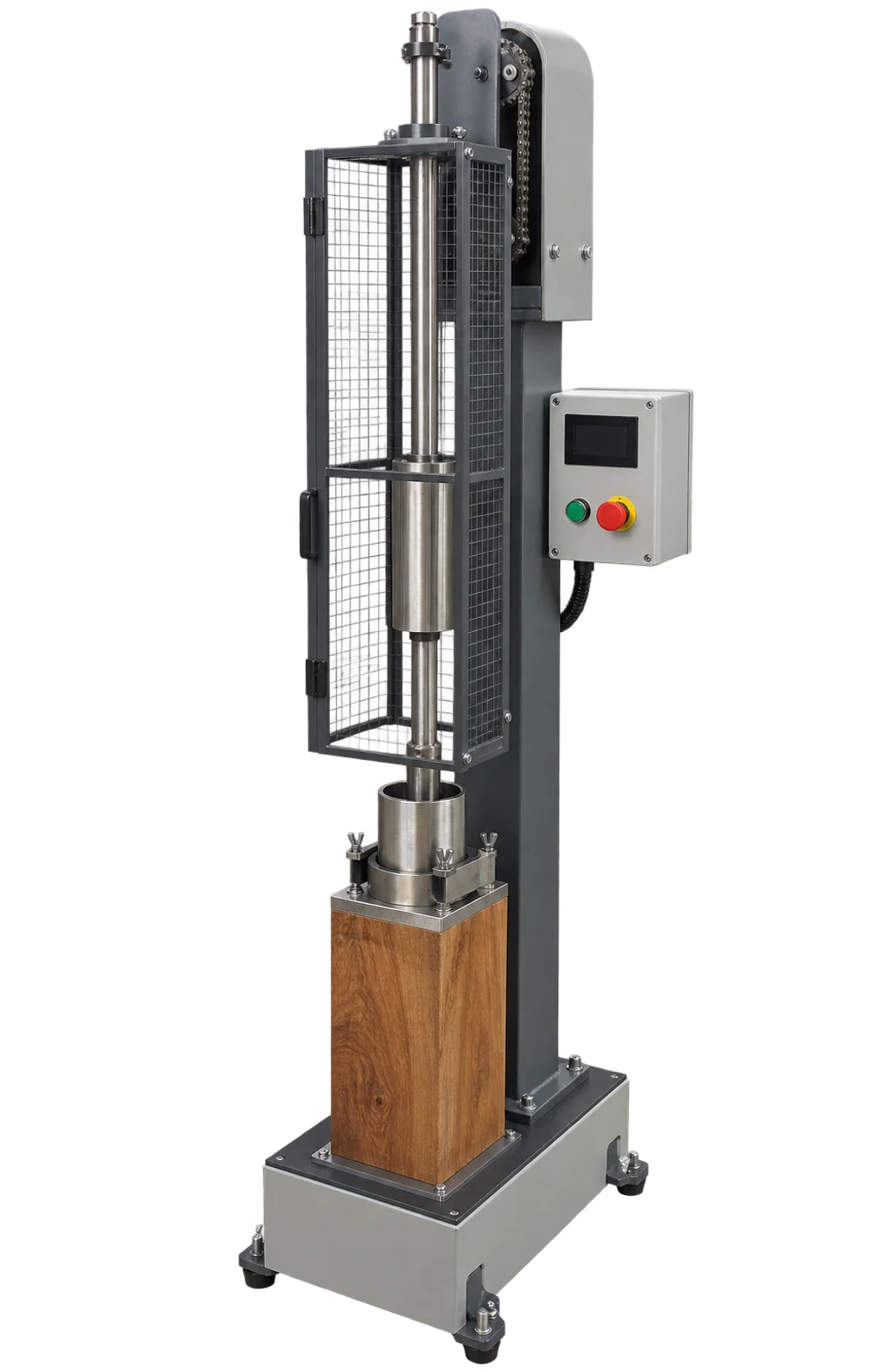 Compactador Marshall automático com o soquete sobre o molde preso no pedestal de compactação e o contador de golpes
