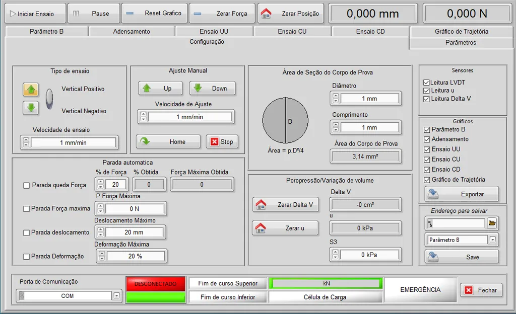 Tela 01 - software - ensaio triaxial estático