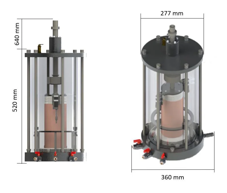 Desenho de dimensões da célula triaxial dinâmica Biopdi: altura de 520 mm, 640 mm com a célula de carga, Ø277 mm e 360 mm com as válvulas